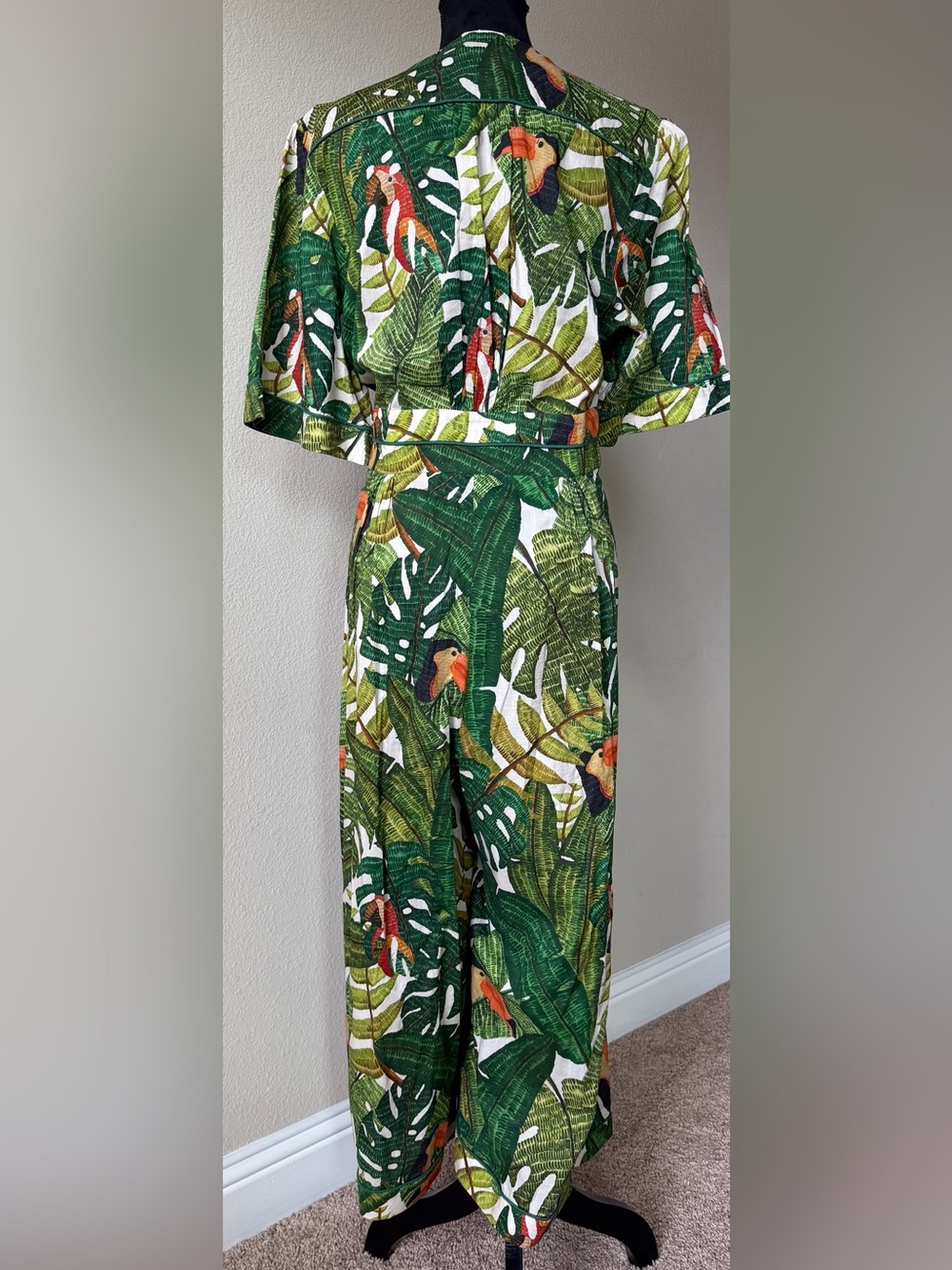 FARM Rio Tropical Leaf V-Neck Jumpsuit in Green and Orange - Picture 2 of 2